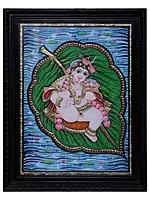 Tanjore Painting of Lord Bala Krishna (Vithoba) on Leaf | Traditional Colour With 24 Karat Gold | With Frame