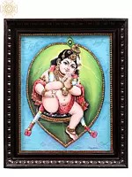 Tanjore Art: Vatapatra-Shayi Krishna with Teakwood Frame