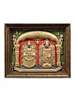 Lord Balaji and Goddess Padmavathi Embossed Tanjore Painting with Teakwood Frame