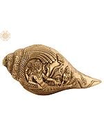 8" Lord Vishnu with Goddess Lakshmi Designer Conch In Brass