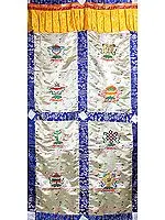 Ashtamangala (Eight Auspicious Symbols of Buddhism, Tib. bkra shis rtags brgyad) - Tibetan Altar Curtain with Hanging Brocade Atop