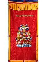 Embroidered Ashtamangala (Eight Auspicious Symbols of Buddhism, Tib. bkra shis rtags brgyad) with The Syllable Mantra - Tibetan Altar Curtain with Hanging Brocade Atop