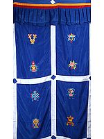Ashtamangala (Eight Auspicious Symbols of Buddhism, Tib. bkra shis rtags brgyad) - Tibetan Altar Curtain with Hanging Cloth Atop
