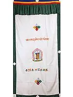 The Ten Powerful Syllables of The Kalachakra Mantra Altar Curtain with Vishva Vajra and Ashtamangala