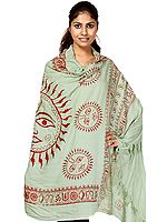 Green Sanatana Dharma Prayer Shawl with Large Printed Surya (Sun) God