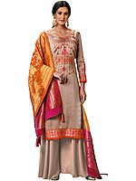 Mahogany-Rose Flared-Palazzo Suit with Floral Embroidery and Brocade Dupatta