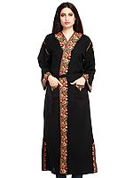 Jet-Black Robe from Kashmir with Floral Hand-Embroidery on Border