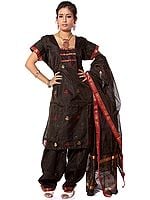 Black Chanderi Suit Fabric with Pin Stripes Woven in Golden Thread