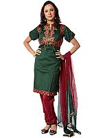 Emerald and Garnet Chudidar Suit with Antique Embroidery