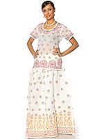 White Kurti-Skirt with All-Over Lukhnavi Chikan Embroidered Paisleys