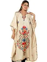 Beige Kaftan from Kashmir with Crewel-Embroidered Flowers