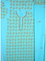 Capri-Blue Chikan Salwar Kameez Fabric from Lucknow with Hand-Embroidered Paisleys