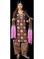 Coffee-Brown Salwar Kameez with All-Over Floral Aari Embroidery and Crystals