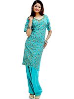 Cyan Two-Piece Salwar with All-Over Kashmiri Embroidery