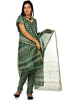 Duck-Green Block-Printed Chanderi Choodidaar Salwar Suit