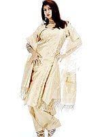 Ivory Banarasi Kora Salwar Kameez Fabric with All-Over Golden Thread Weave