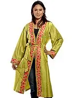 Chartreuse Green Gown from Kashmir with Crewel-Embroidered Flowers