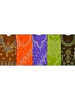Lot of Five Kurti Tops with Lukhnavi Chikan Embroidery