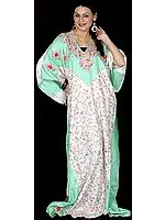 Light-Green and Ivory V-Neck Kaftan with Crewel Embroidery All-Over