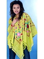 Lime-Green Poncho with Floral Embroidery All-Over