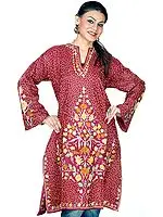 Maroon Silk Kurti Top from Kashmir with All-Over Aari Embroidery