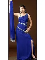 Navy Blue Evening Gown with Sequins and Beads