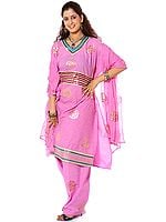 Pink Salwar Kameez Fabric with Painted Bootis and Gota Work