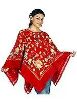 Red Floral Poncho with Aari Embroidery All-Over