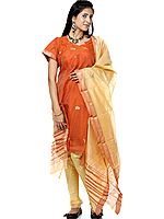 Rust and Beige Chanderi Suit with Bootis Woven in Golden Thread