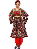 Black and Red Floral Printed Flaired Suit from Afghanistan with Threadwork on Neck