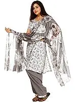 Ivory and Gray Salwar Kameez Suit with Printed Paisleys