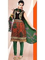 Rust and Green Choodidaar Printed Suit with Crochet Border and Crewel Embroidery