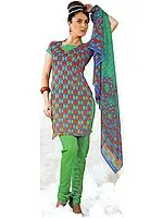 Tri-Color Choodidaar Printed Suit with Self Weave
