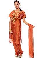 Rust Chanderi Suit with Floral Embroidery and Sequins