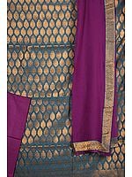 Saxony-Blue and Purple Brocaded Choodidaar Suit from Banaras with Large Woven Bootis