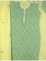 Yellow Salwar Kameez Fabric from Lucknow with all Over Chikan Embroidery