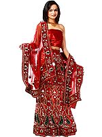 Bridal Red Lehenga Choli with Hand-Embroidered Paisleys and Zardozi Work