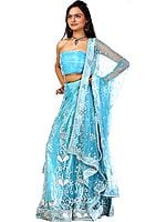 Sky-Blue Bridal Lehenga Choli with Hand-Embroidered Beads and Sequins