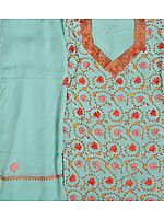 Dusty-Aqua Salwar Kameez Fabric from Kashmir with Sozni Hand-Embroidered Maple Leaves