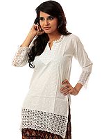 White Kurti with Lukhnavi Chikan Embroidery and Lacework