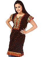 Black Bandhani Tie-Dye Kurti from Gujarat with Applique Work