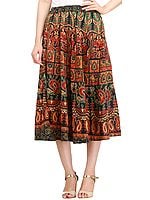 Sanganeri Midi Skirt with Printed Elephants and Peacocks