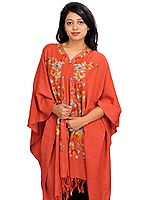 Spiced-Coral Cape from Kashmir with Floral Aari-Embroidery by Hand