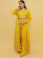 Lemon-Yellow Chinon Sharara Set with Floral Resham-Zari-Mirror-Sequin All-Over Work-On Jacket and Blouse