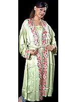Tea Green Gown from Kashmir with Crewel-Embroidered Flowers