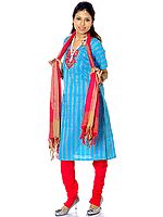 Turquoise and Magenta South-Cotton Suit with Embroidery on Neck