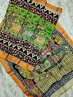Multicolor Bangalore Silk Kalamkari Pen Art Sarees with Sheshashayi Lord Vishnu Graphics on Aanchal