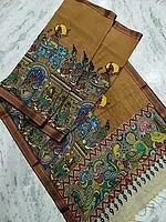 Multicolor Bangalore Silk Kalamkari Pen Art Saree with Depiction of Victory in War and Celebration