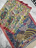 Kalamkari Pen Art Bangalore Silk Sarees with Multicolor Mor Motif on Body and Swans on Pallu
