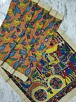 Multicolor Bangalore Silk Lotus Vine Painted Kalamkari Pen Art Saree with Lord Krishna as Arjuna's Charioteer on Pallu
